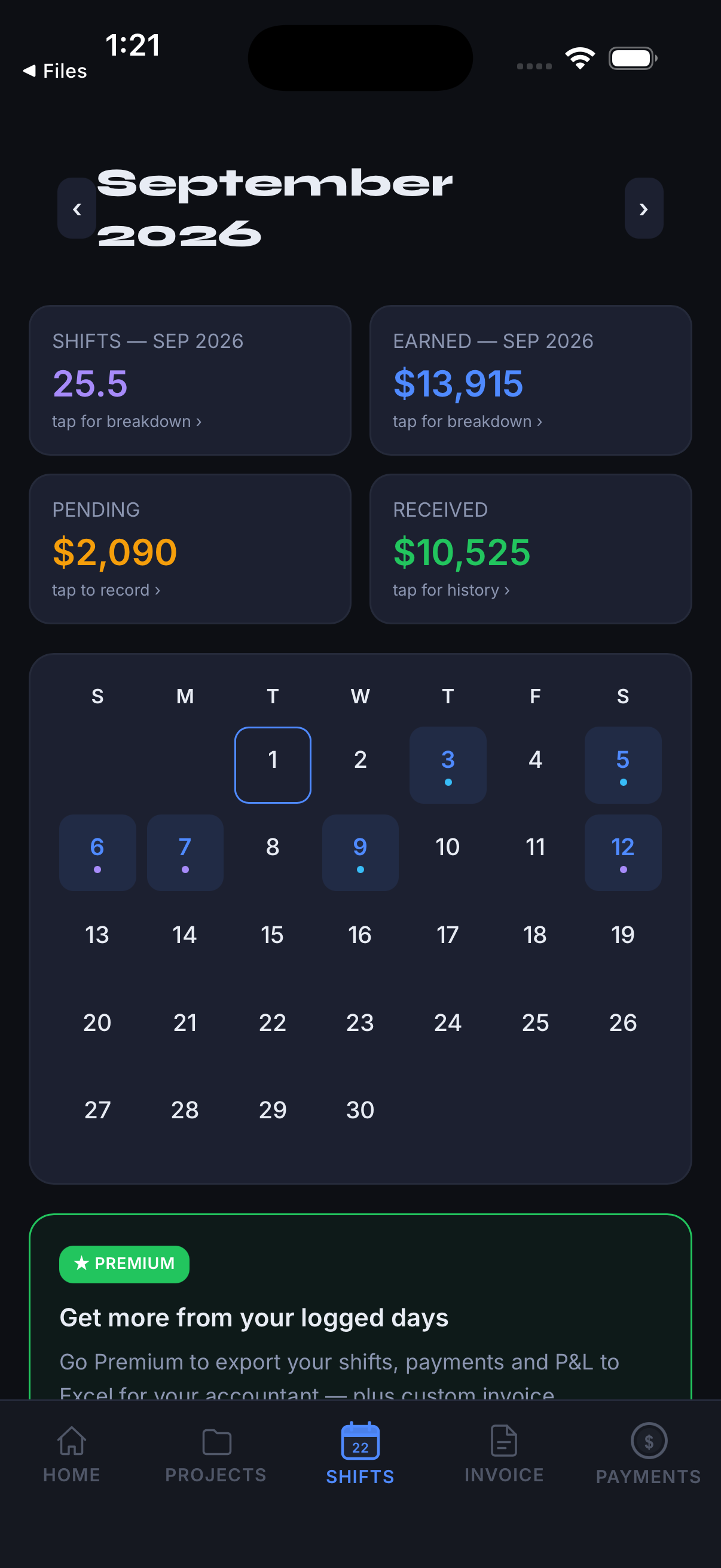 Perday monthly calendar with logged work days marked